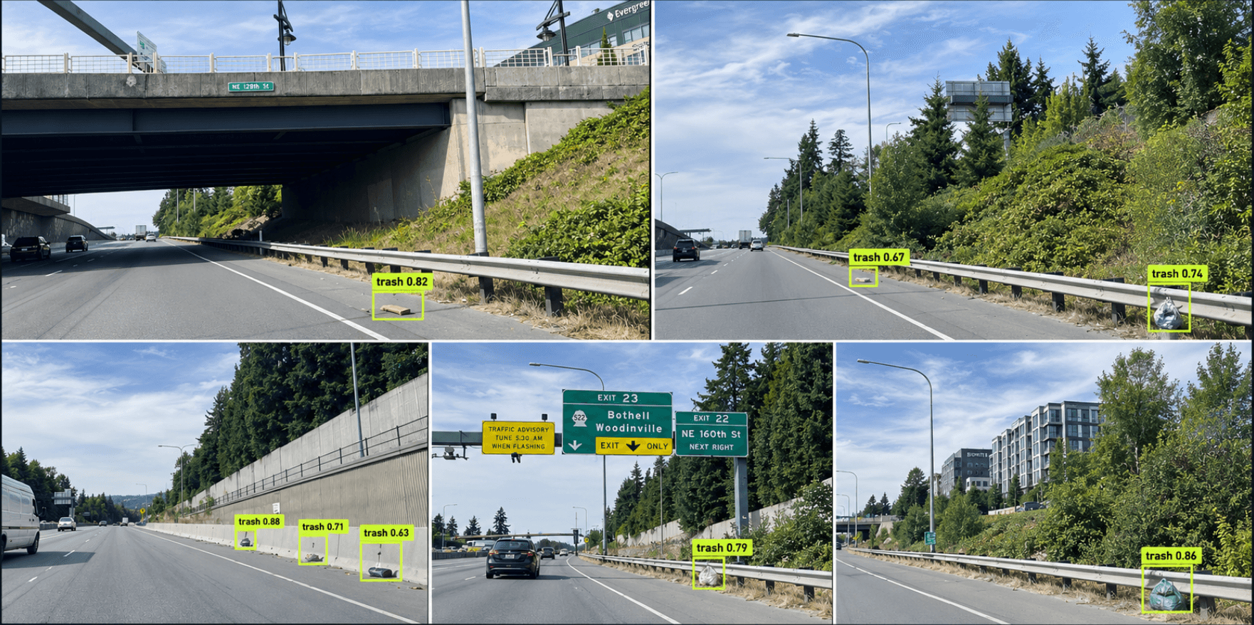 Five frames from field-testing drives along a highway, each with roadside litter outlined by the on-device model